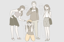 Image of teen kneeling on the ground and covering ears, surrounded by three bystanders who appear to be taunting or bullying the teen. 