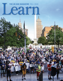 Cover of fall 2020 Learn Magazine, photo of protestors gathered in downtown Buffalo. 