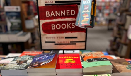 Banned book display in a library. 