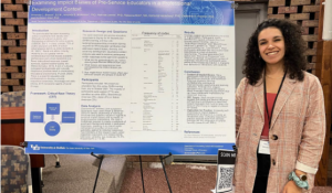 Zoom image: Amanda Breese, counseling/school psychology PhD student and Arthur A. Schomburg fellow, presented her poster, “Examining Implicit Biases of Pre-Service Educators within a Professional Development Context.”  