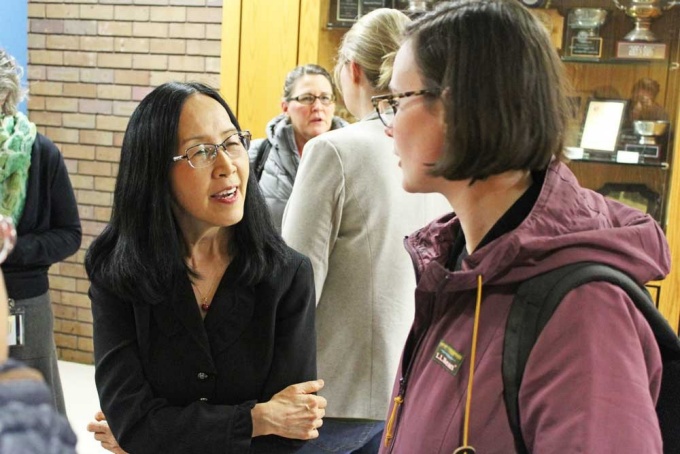 Okhee Lee speaks with students after her participation in the 2020 Dean's Lecture Series.