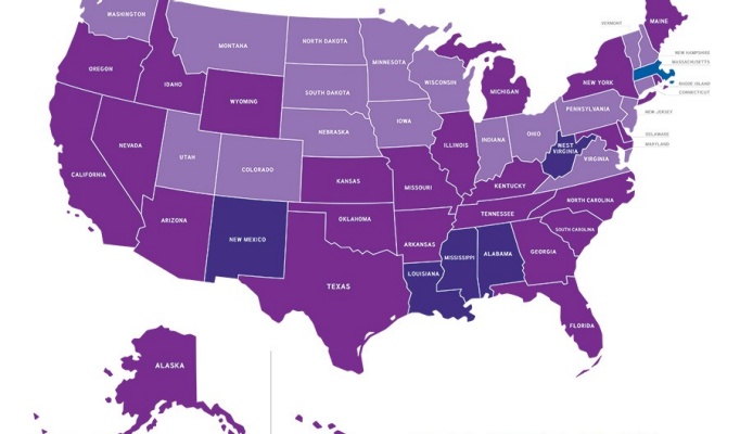 U.S. education system, overall grades by state on a map. 