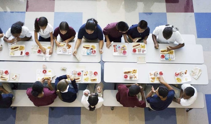 Children eating lunch in a school cafeteria. 