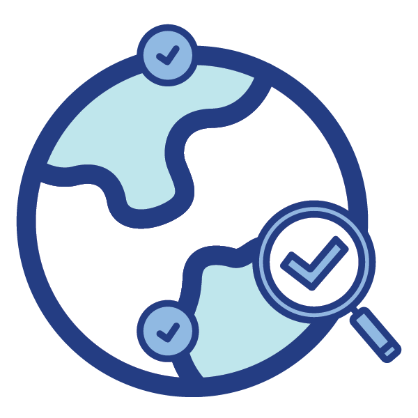 World and magnifying glass icon.