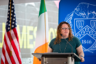 Vice Provost for UB Libraries Evviva Weinraub Lajoie spoke at a news conference held on June 14 to introduce a new mural of renowned author and poet James Joyce in downtown Buffalo. Photographer: Meredith Forrest Kulwicki