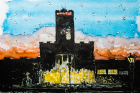 Wurlitzer Tower at night, ink and watercolor (2016) 