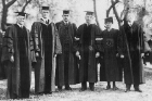 The deans of the university (from left): Willis Gregory, School of Pharmacy; Carlos Alden, Law; Julian Park, College of Arts and Sciences; Lillias MacDonald, dean of women; Sumner Jones, Medicine. The photo is believed to have been taken on Oct. 28, 1922.