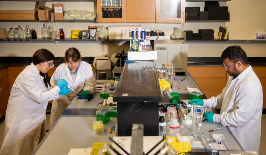 Emanuela Gionfriddo, with the department of chemistry, is photographed with students, in her research lab in the Natural Sciences Complex in April 2024. Photographer: Meredith Forrest Kulwicki. 