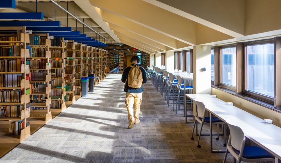 The recently renovated study spaces compelte with new furniture on the third floor of the Lockwood Memorial Library, photographed in October 2023. Photographer: Douglas Levere. 