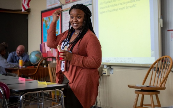 Sydney Favors teaches a history class at South Park High School in Buffalo, NY in November 2019. Favors is parts of the Teacher Residency Program. Offered through the Graduate School of Education, the residency program has 12 teacher residents working full time for the entire school year alongside veteran teachers. Photographer: Meredith Forrest Kulwicki. 