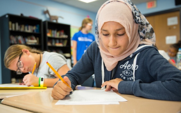 Students in the UB Summer Math Prorgam complete an activity session on July 20, 2017. The program was held at the Buffalo Academy of Science in downtown Buffalo. Photographer: Meredith Forrest Kulwicki. 