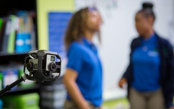 Virtual Reality used in a classroom for a Graduate School of Education project at Enterprise Charter School in downtown Buffalo, NY. Photographer: Meredith Forrest Kulwicki. 