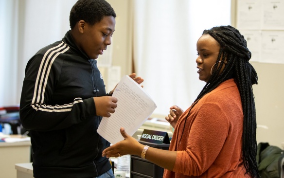 Sydney Favors teaches a history class at South Park High School in Buffalo, NY in November 2019. Favors is parts of the Teacher Residency Program. Offered through the Graduate School of Education, the residency program has 12 teacher residents working full time for the entire school year alongside veteran teachers. Photographer: Meredith Forrest Kulwicki. 