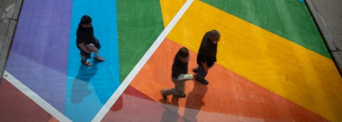 Painted walkway in pride colors on UB's North Campus. 