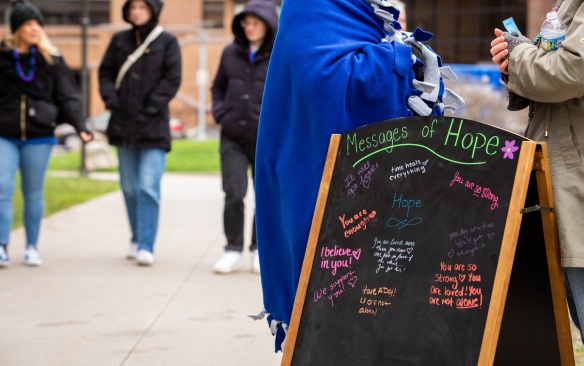 Buffalo Out of the Darkness Community Walk took place at around the Ellicott Complex on North Campus in April 2024. The walk raised money for the American Foundation for Suicide Prevention and was organized by members of UB Student Wellness. Photographer: Meredith Forrest Kulwicki. 