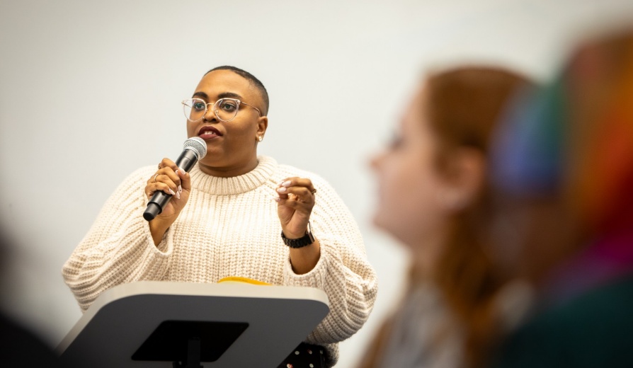 PhD student Dawnavyn James holds a workshop in Clemens Hall in December 2023. The workshop was centered around her book "Beyond February: Teaching Black History Any Day, Every Day, and All Year Long," a guide for elementary school teachers — and those studying to be teachers. Photographer: Meredith Forrest Kulwicki. 