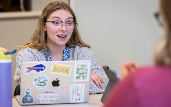 Student in discussion with a professor over a laptop. 