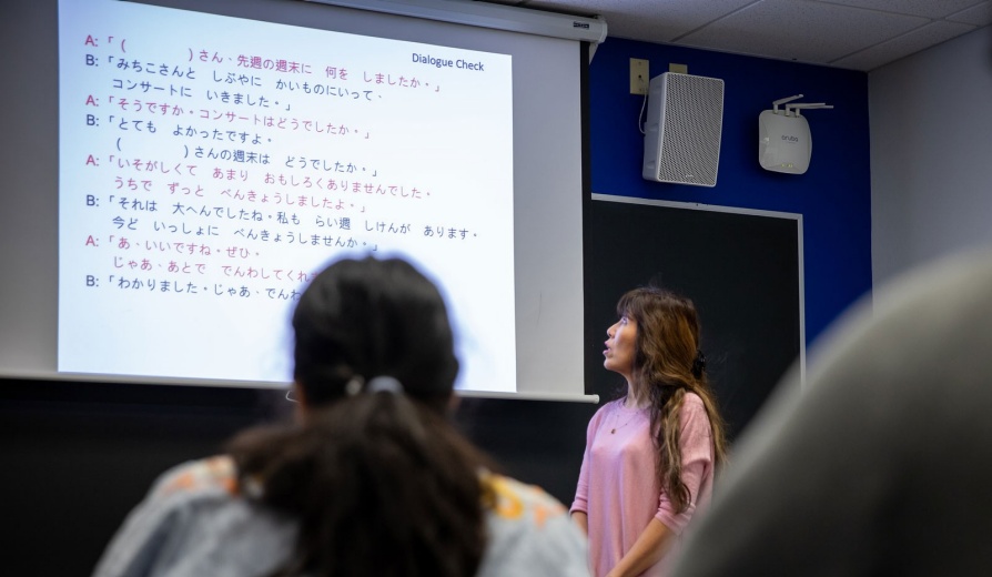 Professor teaching in front of a projected screen. 