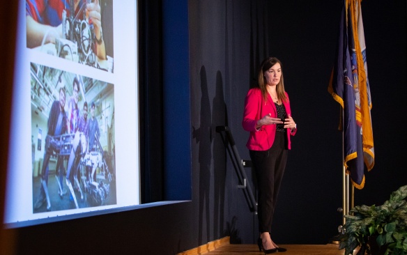 Adult student gives presentation. 