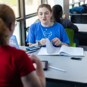 Two undergraduate students meeting over class work. 