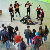 The Tuna Universitaria de Salamanca with students from the University of Salamanca in Spain perform traditional Spanish and Latin American folk music in the Studen Union lobby. From left to right: Miguel Ángel Luengo Martín, José Antonio García García, Asier Gallo Peña, Fernando Simón Abad and Eloy Alejandro Tomé González. Photographer: Meredith Forrest Kulwicki. 