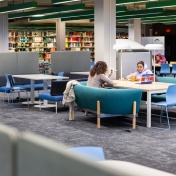 The recently renovated study spaces compelte with new furniture on the third floor of the Lockwood Memorial Library, photographed in October 2023. Photographer: Douglas Levere. 