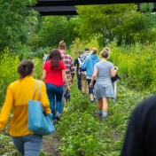 High school teachers, attending the EarthEd Institute, collect samples of sediment (cores) along Bizer Creek on UB’s North Campus in July 2021. The program is organized by by the Department of Geology and the Department of Environment and Sustainability, both in the UB College of Arts and Sciences. Kimberly Meehan, UB clinical assistant professor of geology led this outing. Photographer: Douglas Levere. 