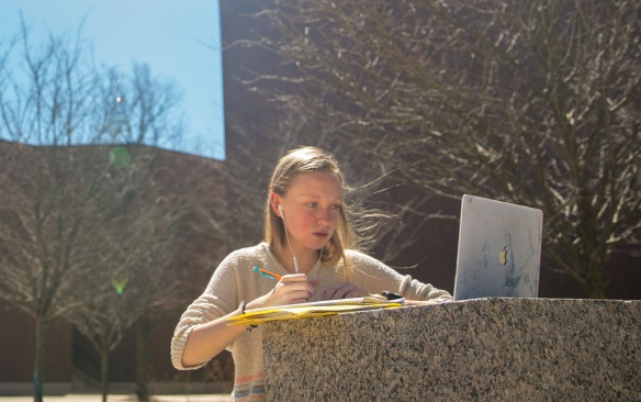 Student working on a laptop outside. 