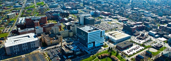 Aerial image of UB's downtown campus. 