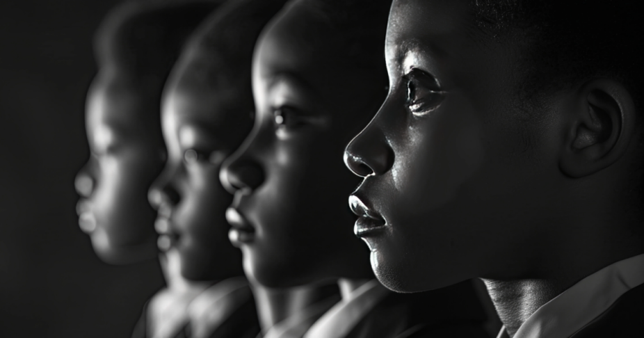 Black and white photo of African American elementary school aged students. 