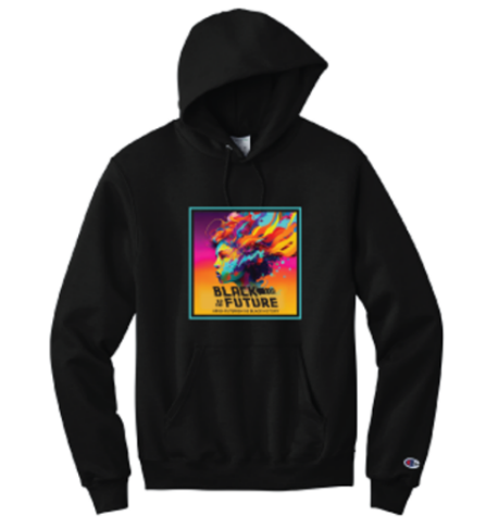 Black hoodie with Black to the Future logo. 