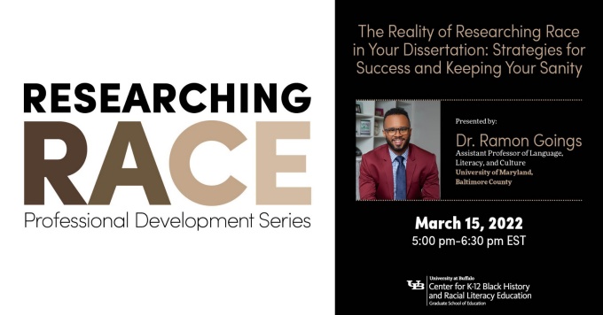 Researching Race professional development series event announcement featuring Dr. Ramon Goings. 