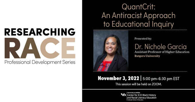Dr. Nichole Garcia, Assistant Professor of Higher Education from Rutgers University will present "QuantCrit: An Antiracist Approach to Educational Inquiry" as part of the Researching Race lecture series offered by the University at Buffalo's Center for K-12 Black History and Racial Literacy Education. 