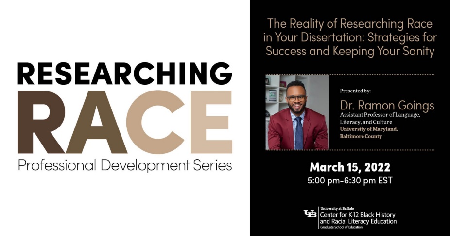 Researching Race professional development series event announcement featuring Dr. Ramon Goings. 