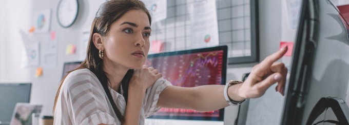 Woman working at a computer. 