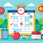 Illustration of a calendar with education icons. 