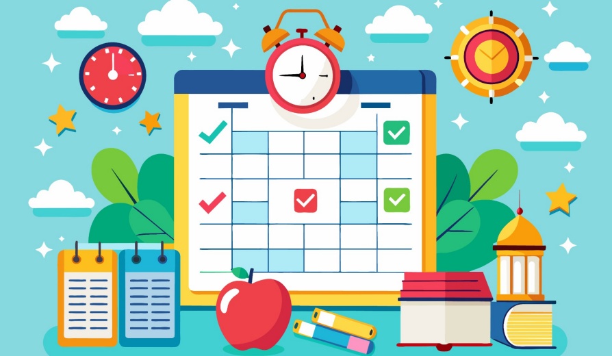 Illustration of a calendar with education icons. 