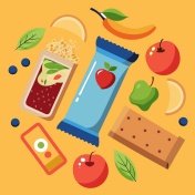 Illustration of healthy snacks with education icons. 