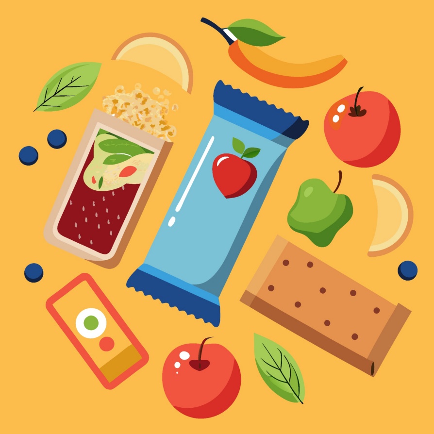 Illustration of healthy snacks with education icons. 