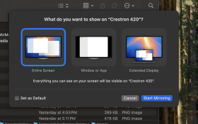 Zoom image: Choose how you want to use the room screen: &ldquo;Entire Screen&rdquo; (mirror laptop), &ldquo;Window or App,&rdquo; or &ldquo;Extended Display&rdquo; (2nd screen). Then, click &ldquo;Start Mirroring.&rdquo; 