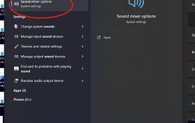 Zoom image: Type &ldquo;sound mixer&rdquo; into the &ldquo;Search&rdquo; field on the Windows taskbar (or in the Start menu), then click &ldquo;Sound mixer options&rdquo; in the search results. 