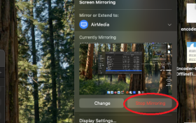 Zoom image: To disconnect, click the Screen Mirroring icon on the menu bar, then click the clock and click &ldquo;Stop Mirroring.&rdquo; 