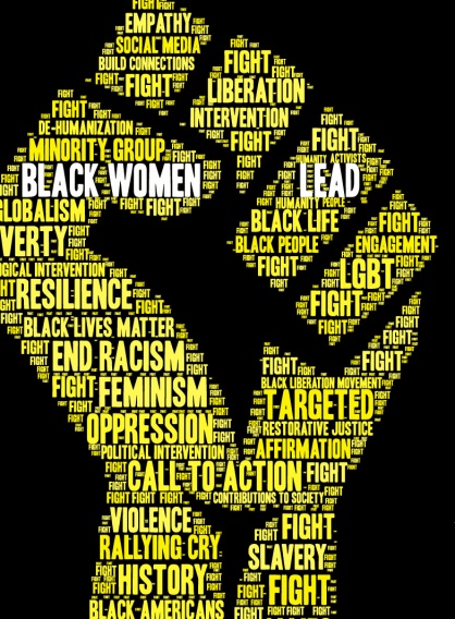 Image of a fist made up by text promoting Black women leadership. 