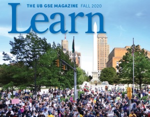 Cover of Fall 2020 GSE Learn Magazine, photo of protest in downtown Buffalo. 