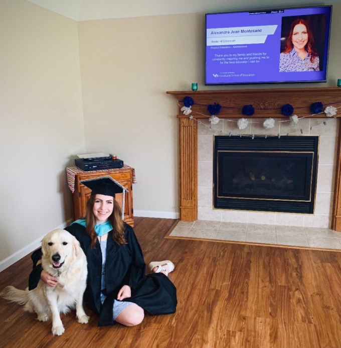 Picture of Alexandra Jean Montesano, Master of Education Physics Education - Adolescence graduate in cap and gown with her dog. 