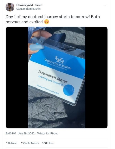 Dawnavyn James shared a photo of her UB name badge from student orientation. 