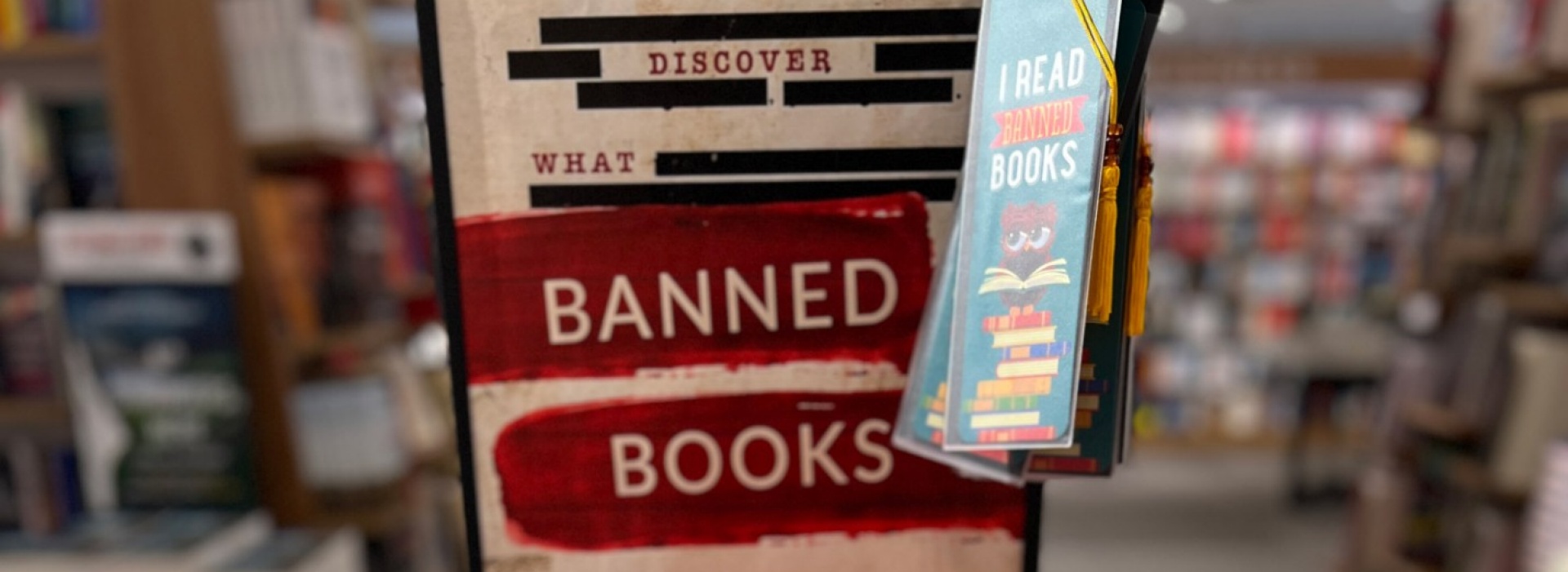 A display of banned books in a bookstore. 