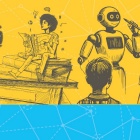 Illustrations of a video camera on a tripod, a Black man reading a magazine sitting on a stack of books, a friendly social AI robot talking to children and a smart watch projecting application icons. 