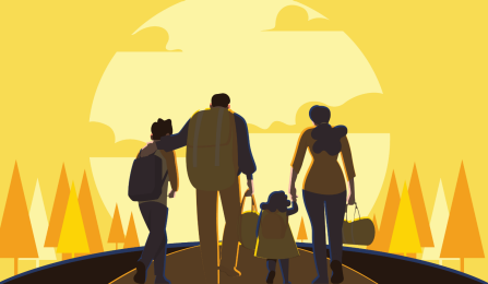 Illustration of a displaced family walking into a sunset. 