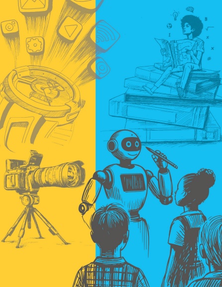 Illustrations of a video camera on a tripod, a Black man reading a magazine sitting on a stack of books, a friendly social AI robot talking to children and a smart watch projecting application icons. 